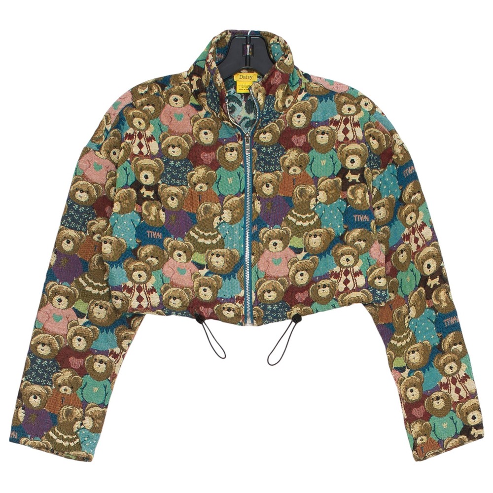 Crop Jacket Tapestry Zip Teddy Bear Kawaii Novelty Whimsical Cottagecore Retro M